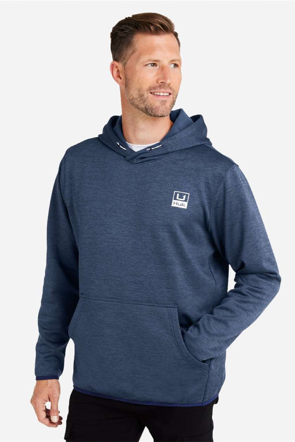 Huk H130093 Mens Performance Fleece Hooded Sweatshirt Hoodie w/ Pouch Pocket Heather Naval Academy Blue Model Side