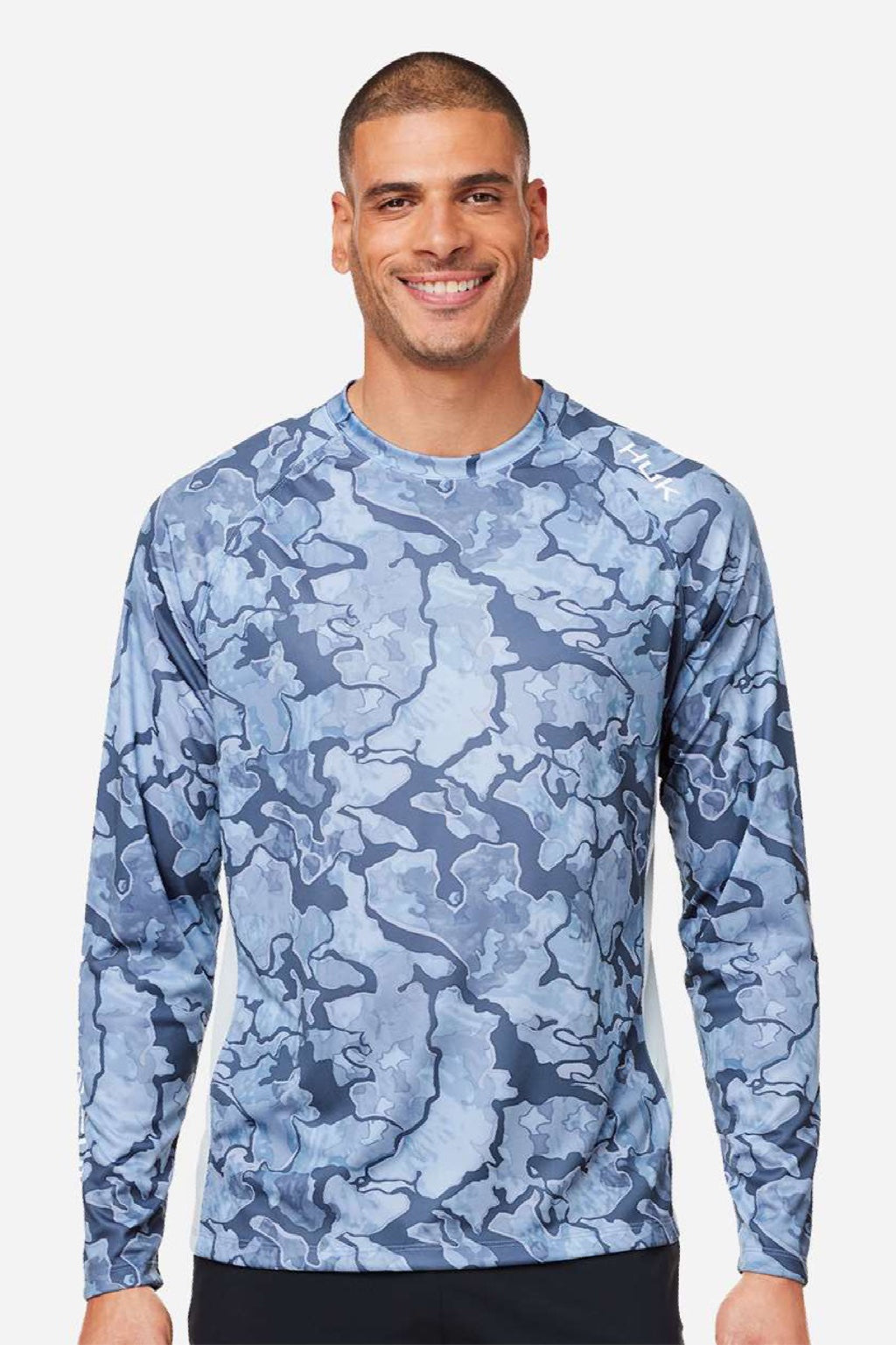 Huk H12L003 Mens LoPro Camo Long Sleeve Crewneck T-Shirt Erie Camo Model Front