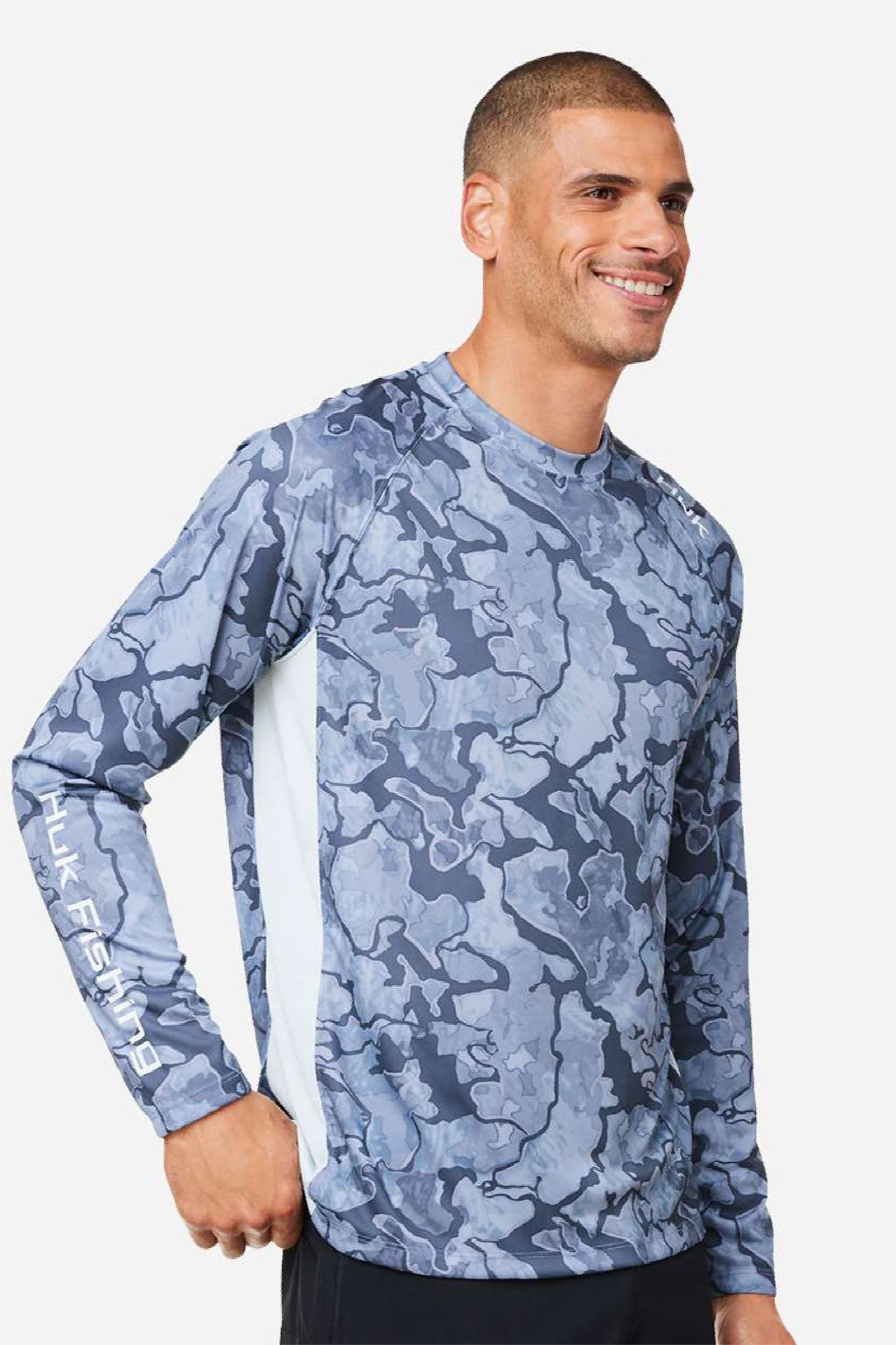 Huk H12L003 Mens LoPro Camo Long Sleeve Crewneck T-Shirt Erie Camo Model Side
