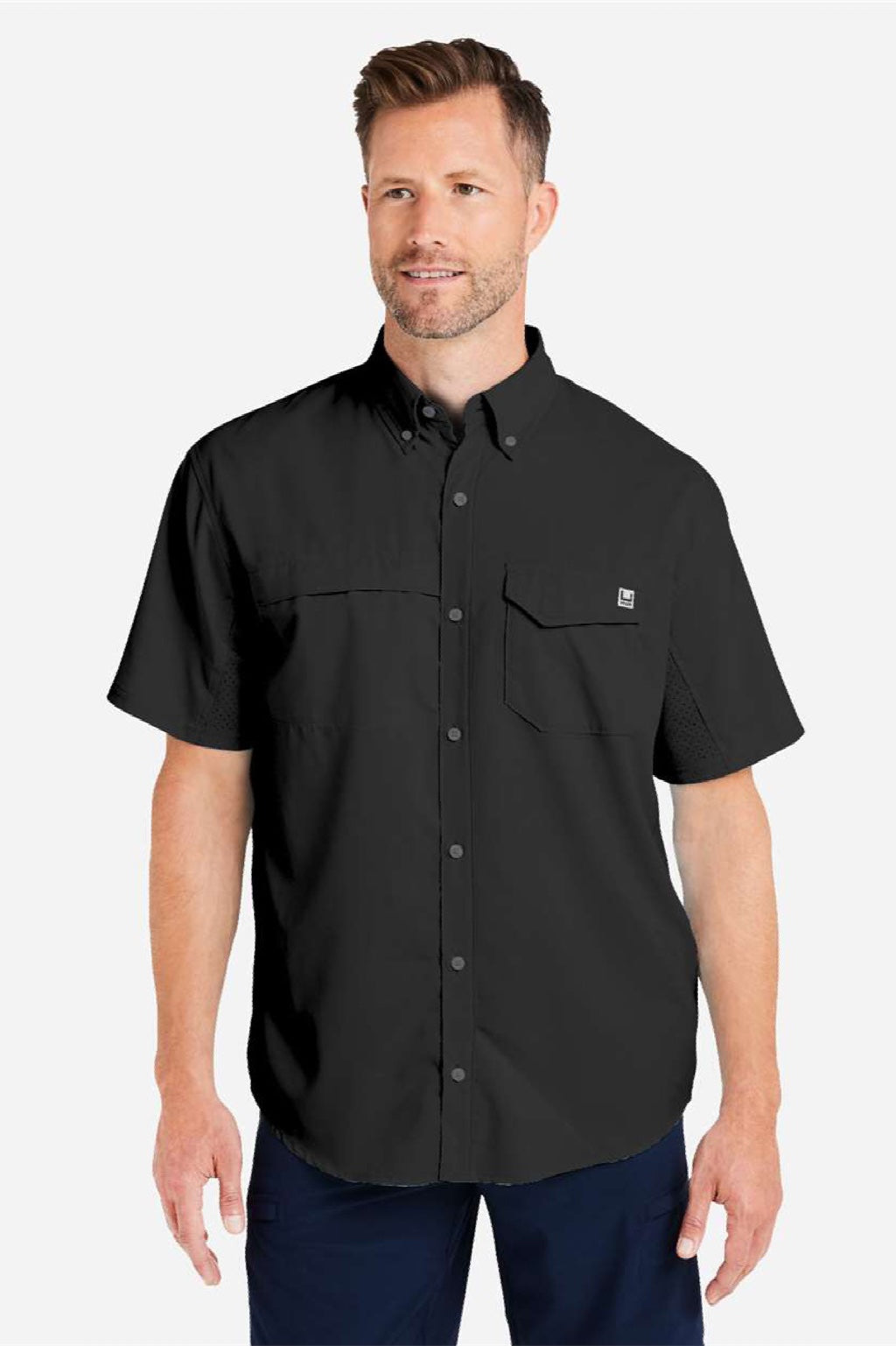Huk H150171 Mens Tide Point Short Sleeve Button Down Shirt Black Model Front