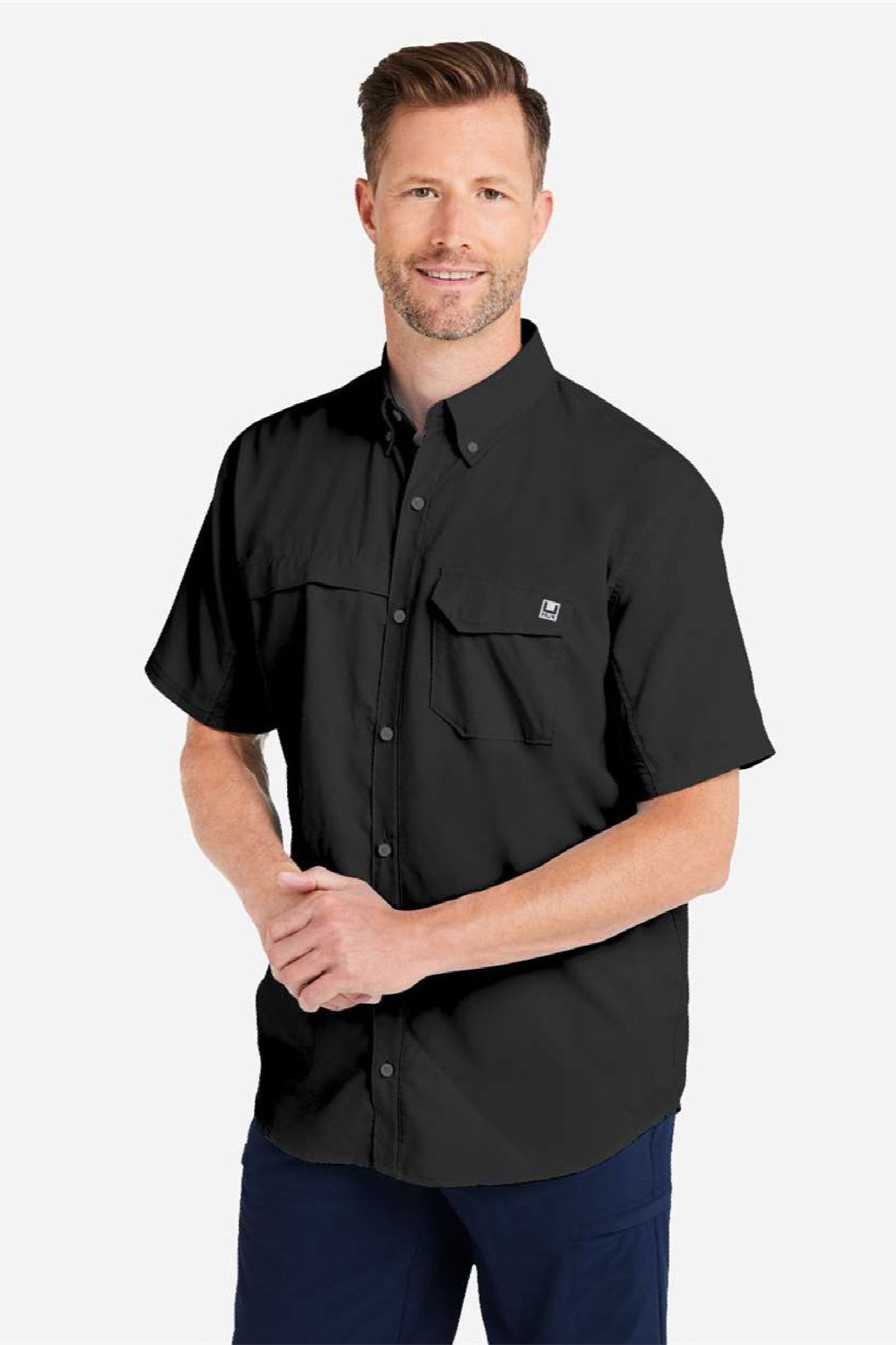 Huk H150171 Mens Tide Point Short Sleeve Button Down Shirt Black Model Side