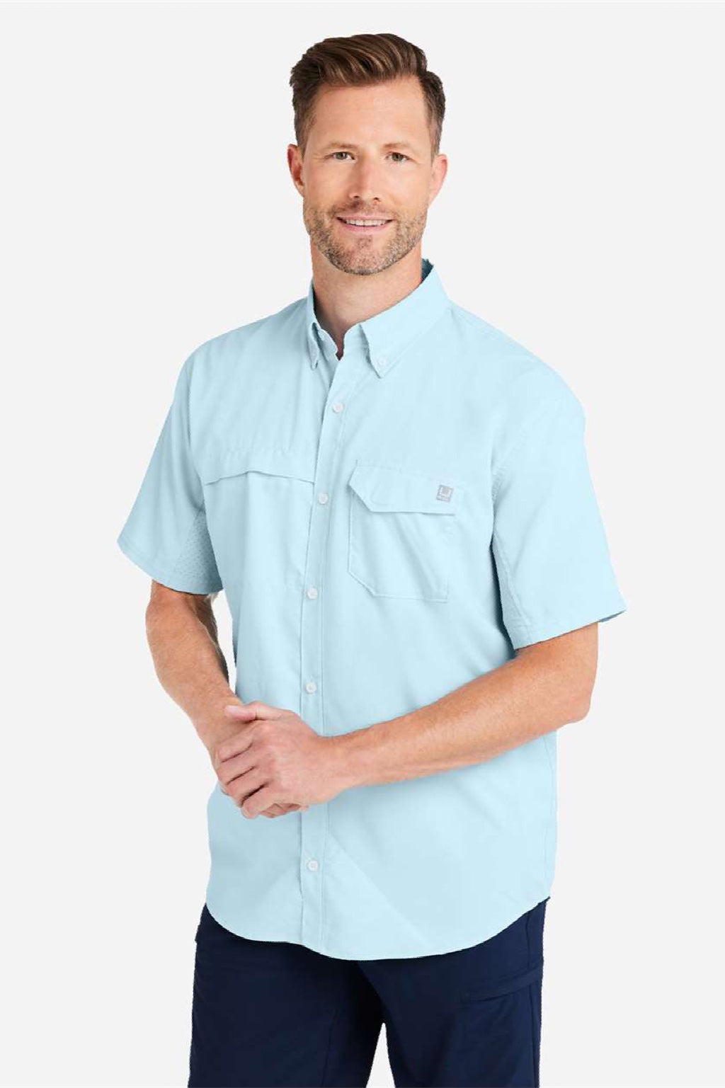 Huk H150171 Mens Tide Point Short Sleeve Button Down Shirt Crystal Blue Model Side