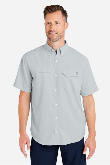 Huk H150171 Mens Tide Point Short Sleeve Button Down Shirt Harbor Mist Grey Model Front