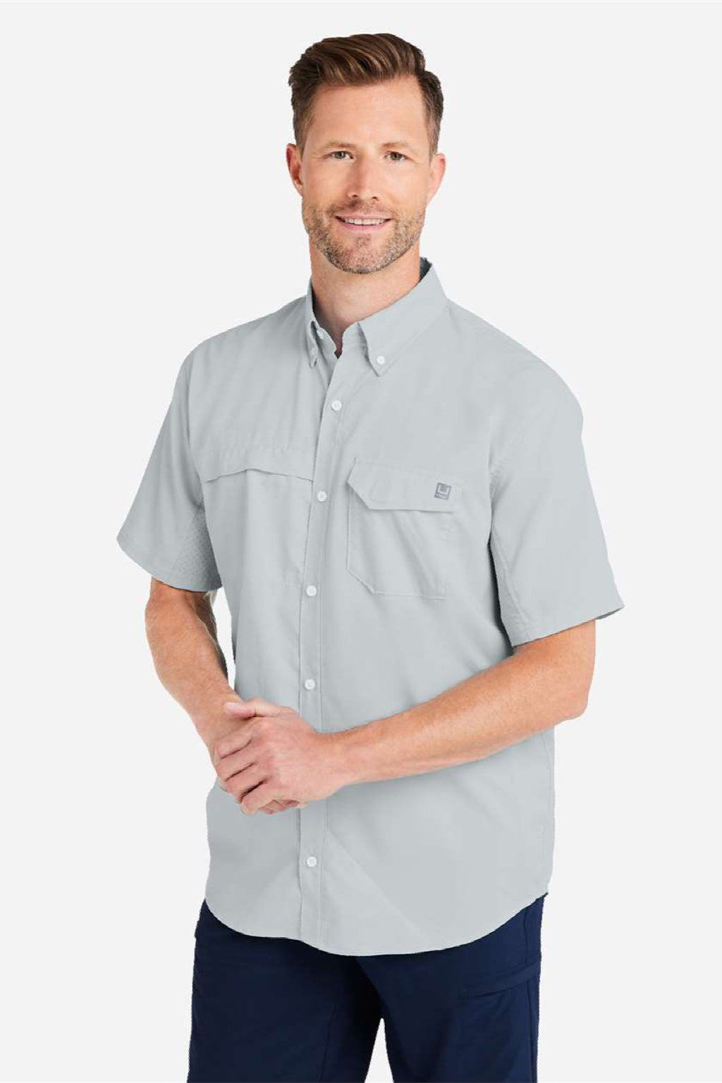 Huk H150171 Mens Tide Point Short Sleeve Button Down Shirt Harbor Mist Grey Model Side