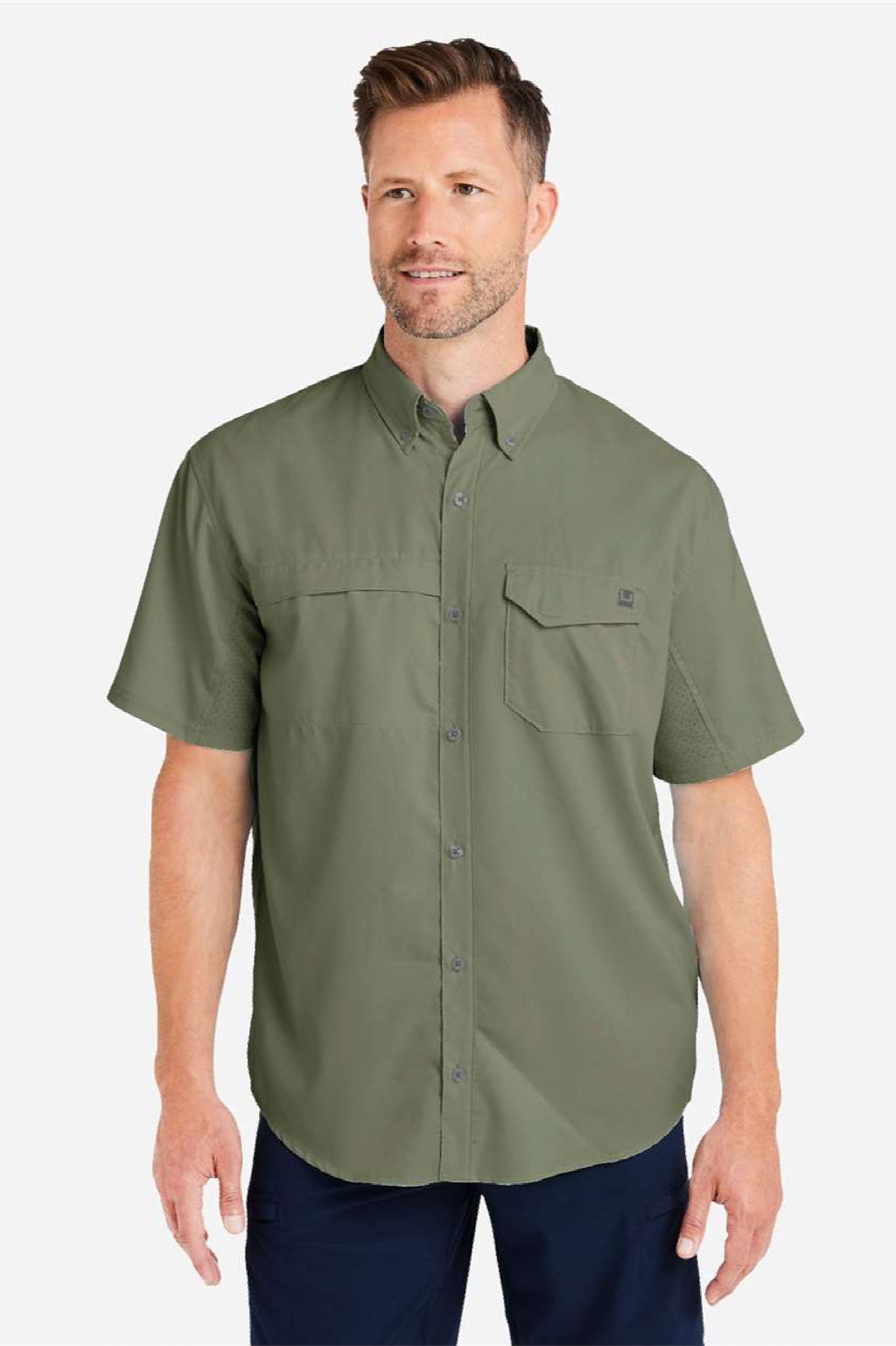 Huk H150171 Mens Tide Point Short Sleeve Button Down Shirt Moss Green Model Front