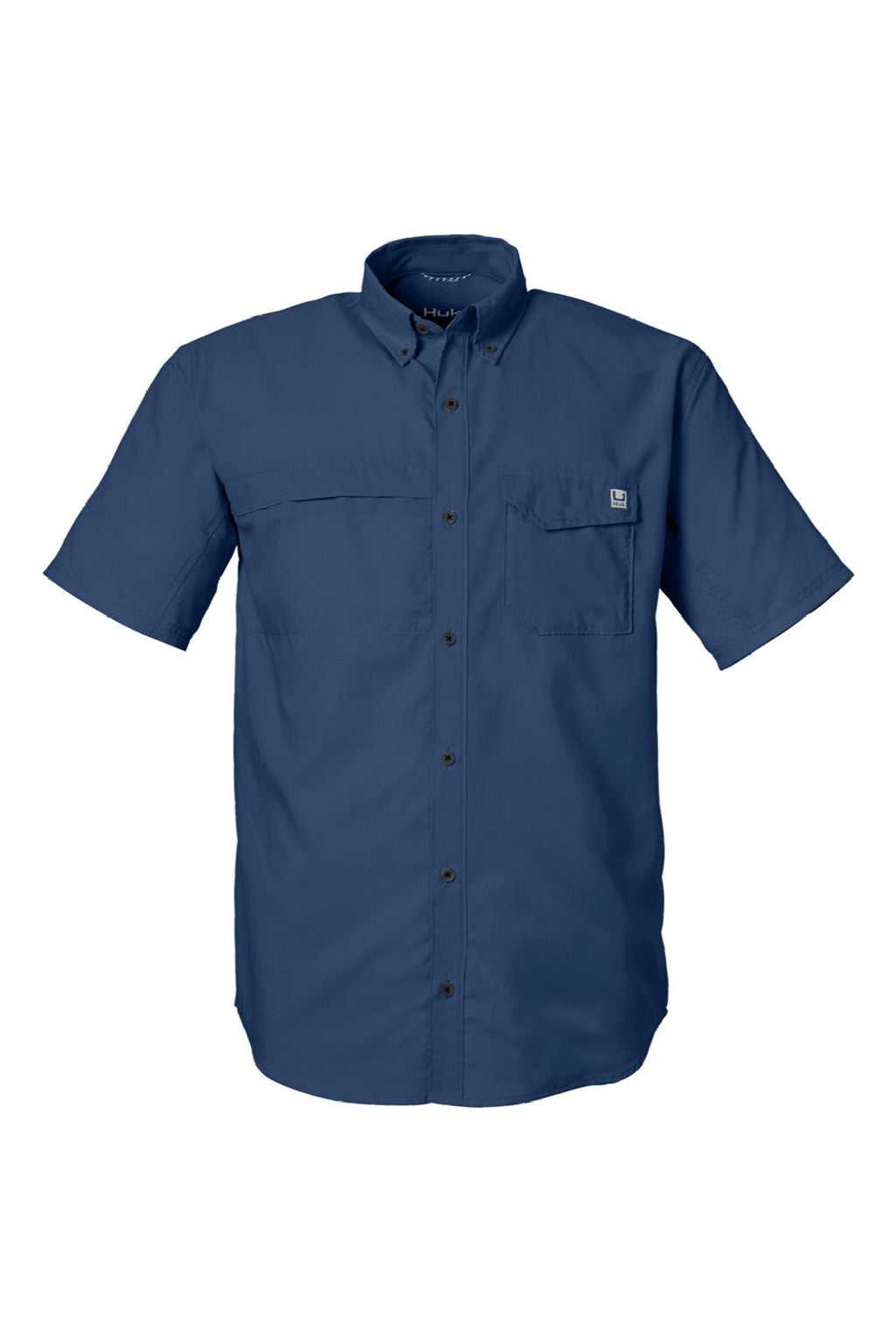Huk H150171 Mens Tide Point Short Sleeve Button Down Shirt Naval Academy Blue Flat Front