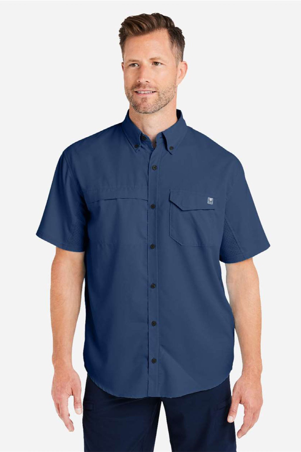 Huk H150171 Mens Tide Point Short Sleeve Button Down Shirt Naval Academy Blue Model Front
