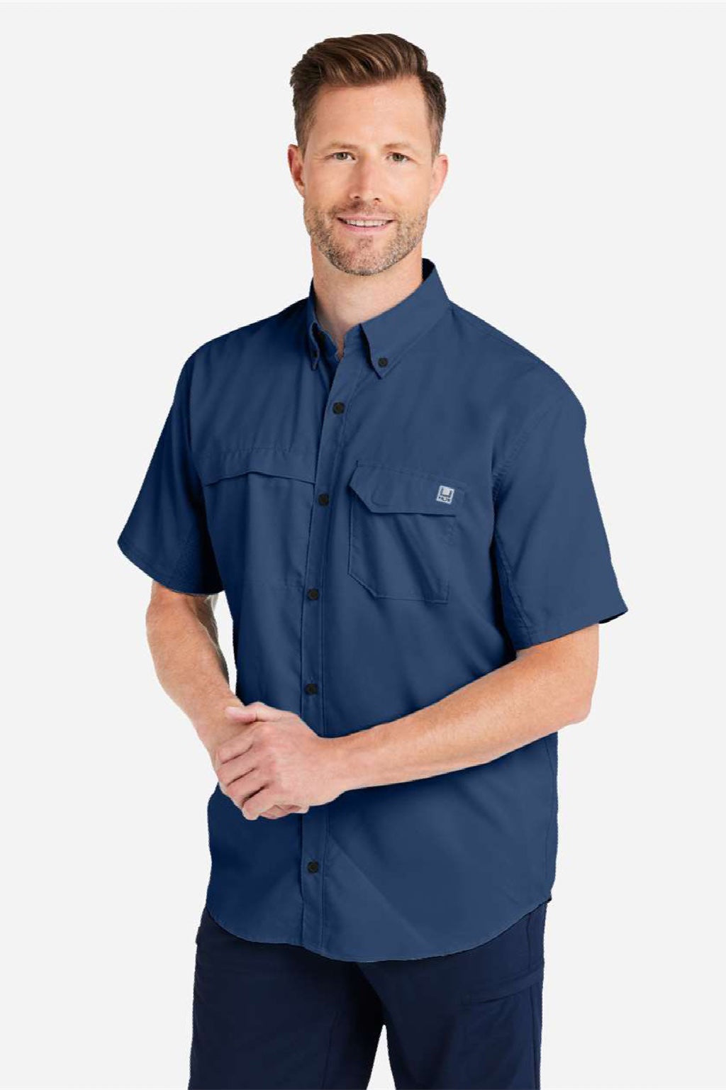 Huk H150171 Mens Tide Point Short Sleeve Button Down Shirt Naval Academy Blue Model Side