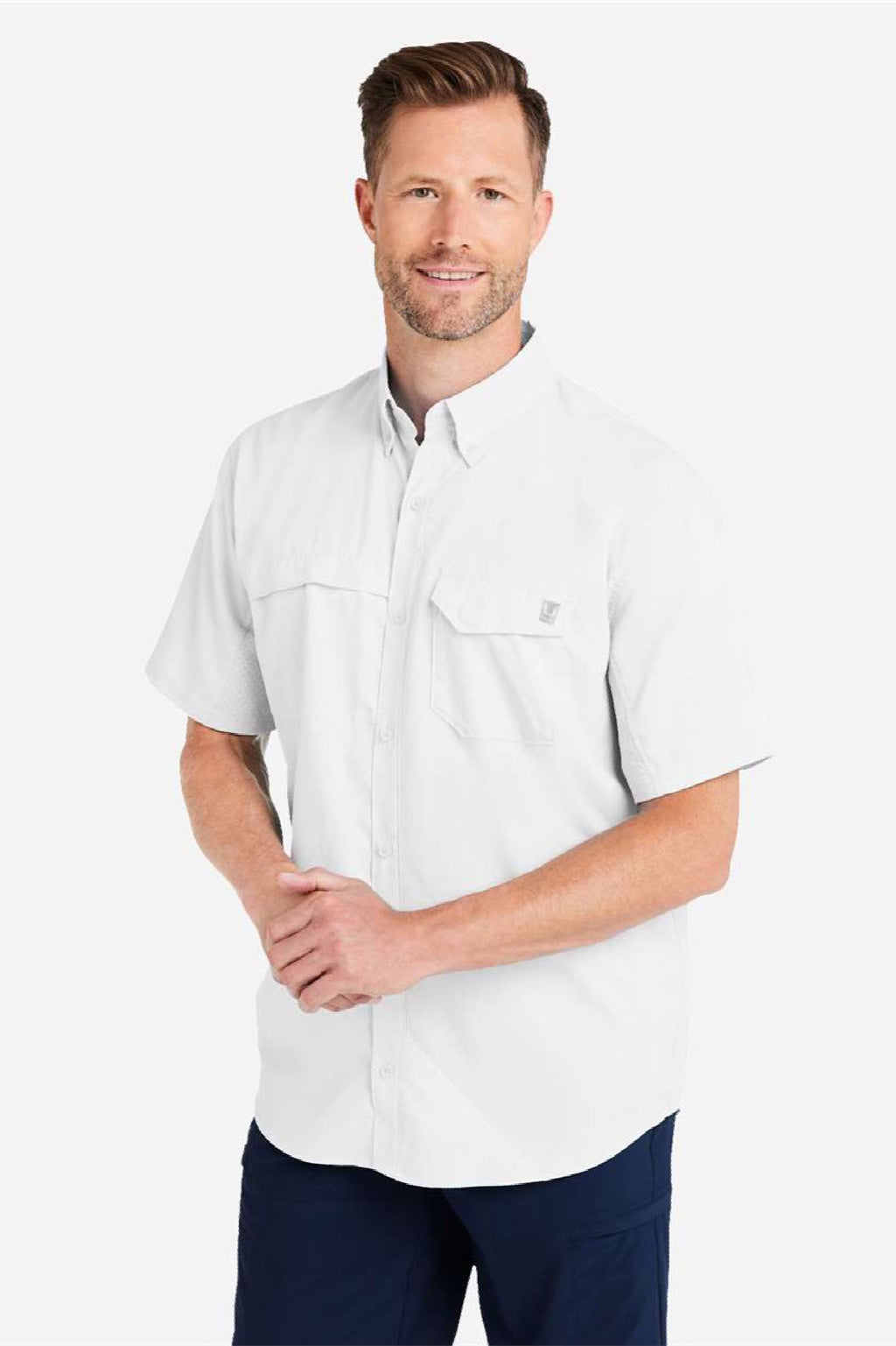 Huk H150171 Mens Tide Point Short Sleeve Button Down Shirt White Model Side