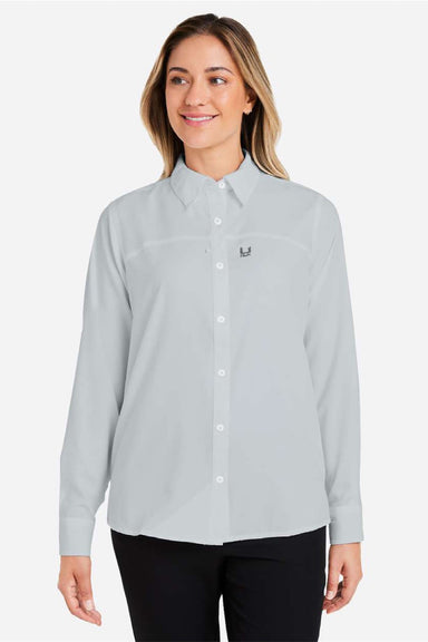 Huk H615006 Womens Tide Point Long Sleeve Button Down Shirt Shirt Harbor Mist Grey Model Front