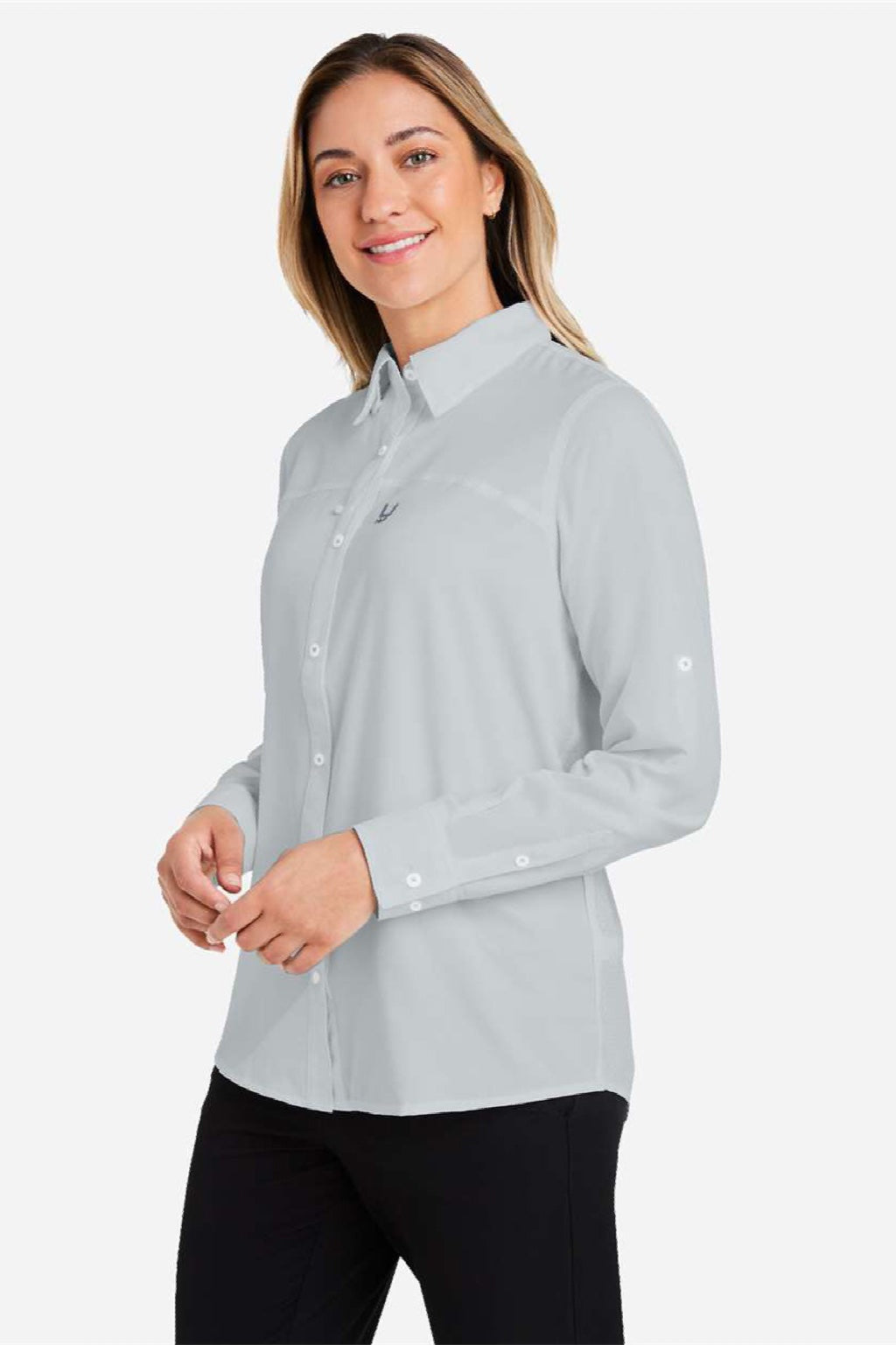 Huk H615006 Womens Tide Point Long Sleeve Button Down Shirt Shirt Harbor Mist Grey Model Side