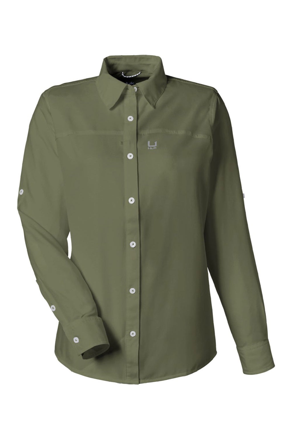 Huk H615006 Womens Tide Point Long Sleeve Button Down Shirt Shirt Moss Green Flat Front