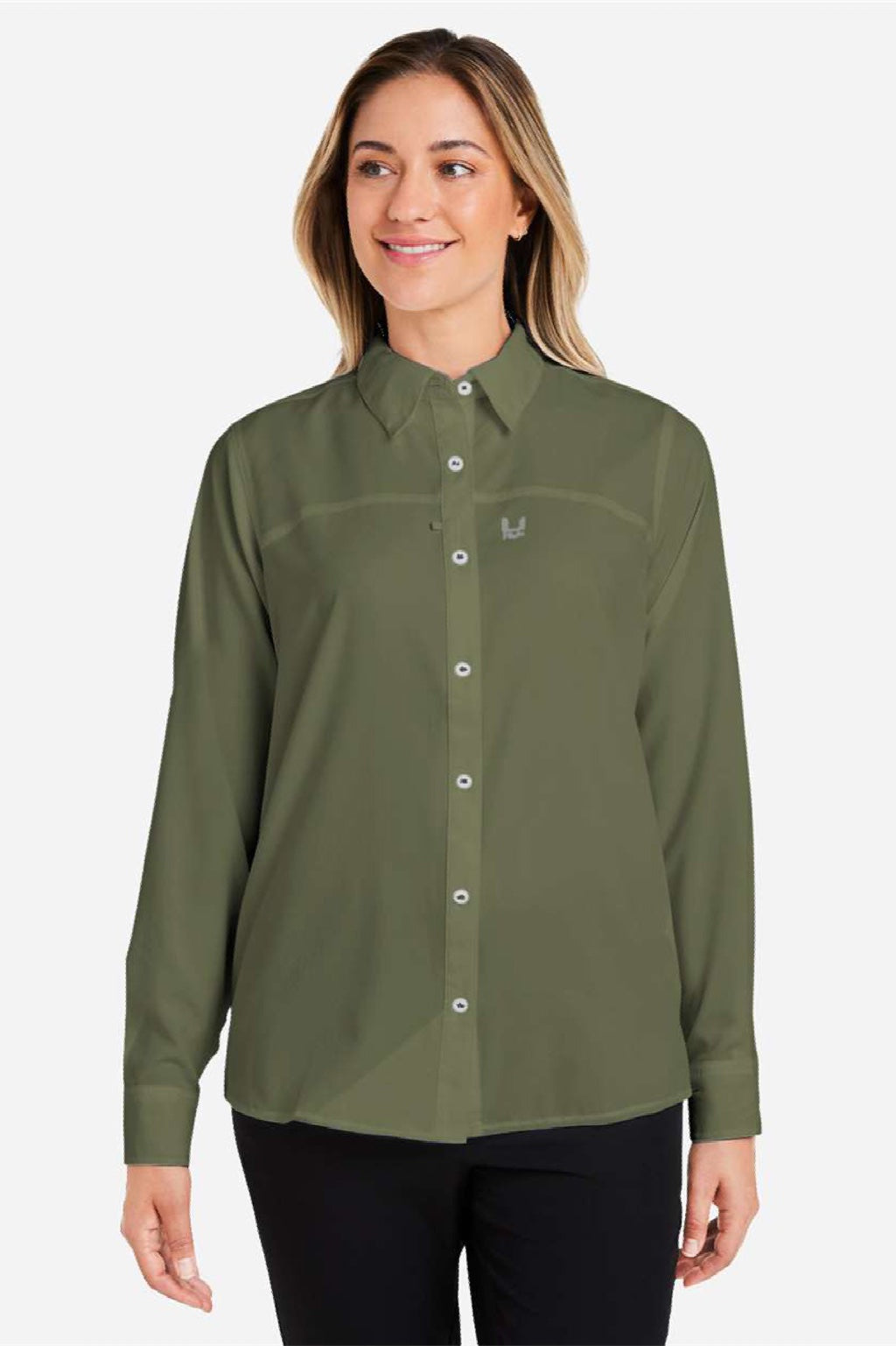 Huk H615006 Womens Tide Point Long Sleeve Button Down Shirt Shirt Moss Green Model Front