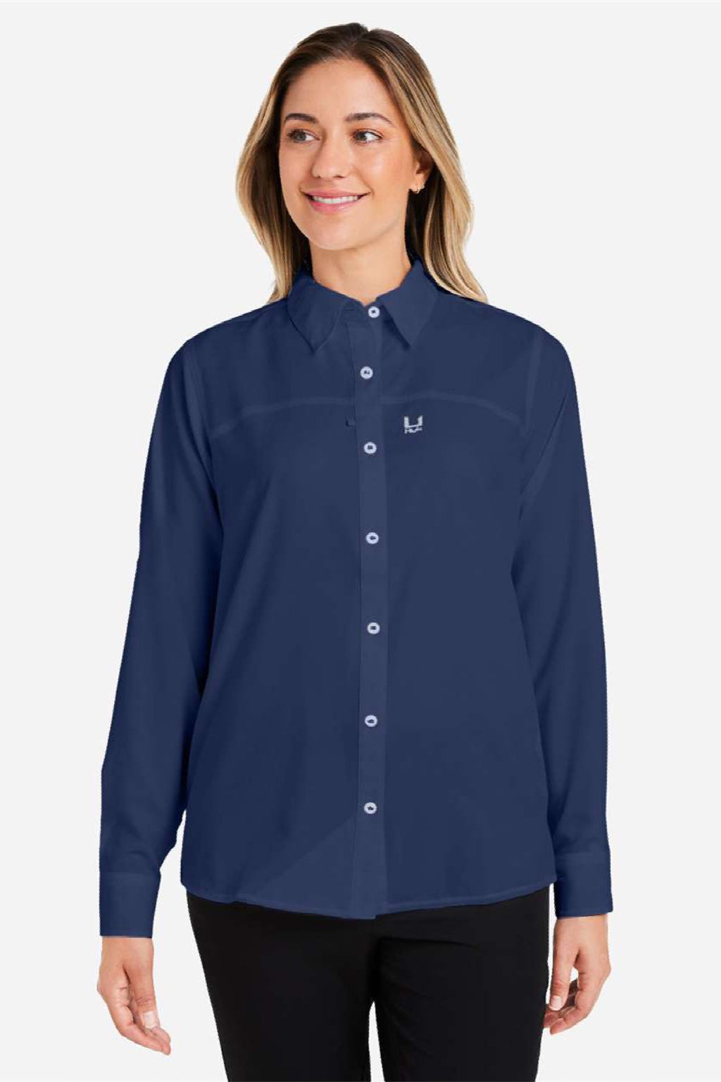 Huk H615006 Womens Tide Point Long Sleeve Button Down Shirt Shirt Naval Academy Blue Model Front