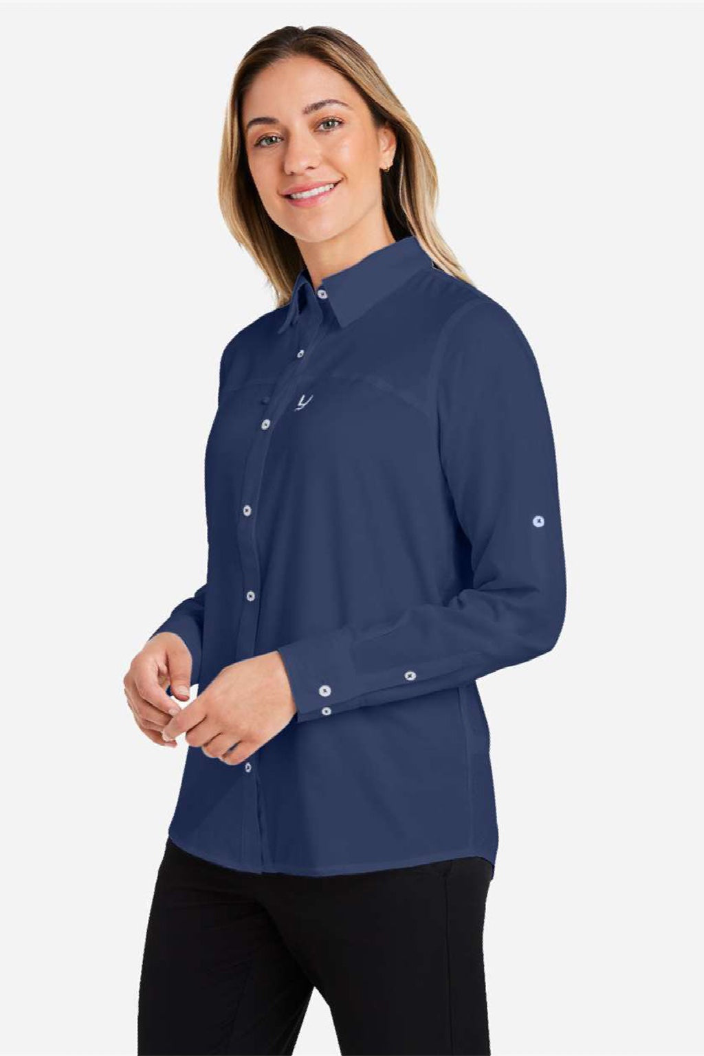 Huk H615006 Womens Tide Point Long Sleeve Button Down Shirt Shirt Naval Academy Blue Model Side