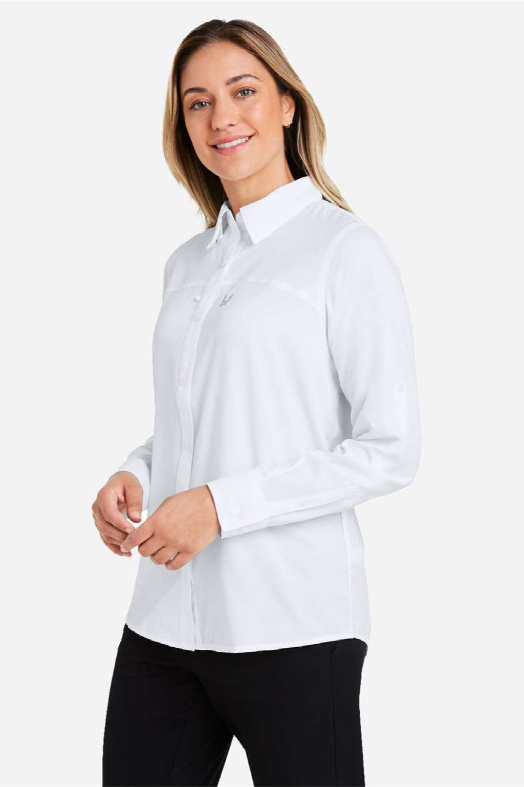 Huk H615006 Womens Tide Point Long Sleeve Button Down Shirt Shirt White Model Side