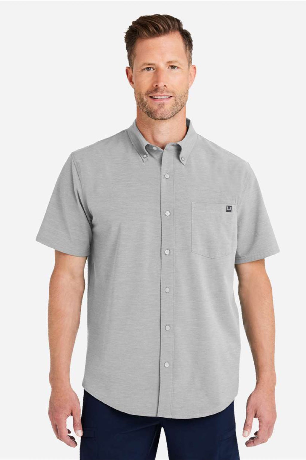 Huk H150154 Mens Kona Short Sleeve Button Down Shirt Harbor Mist Grey Model Front