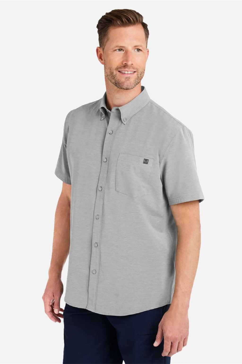 Huk H150154 Mens Kona Short Sleeve Button Down Shirt Harbor Mist Grey Model Side