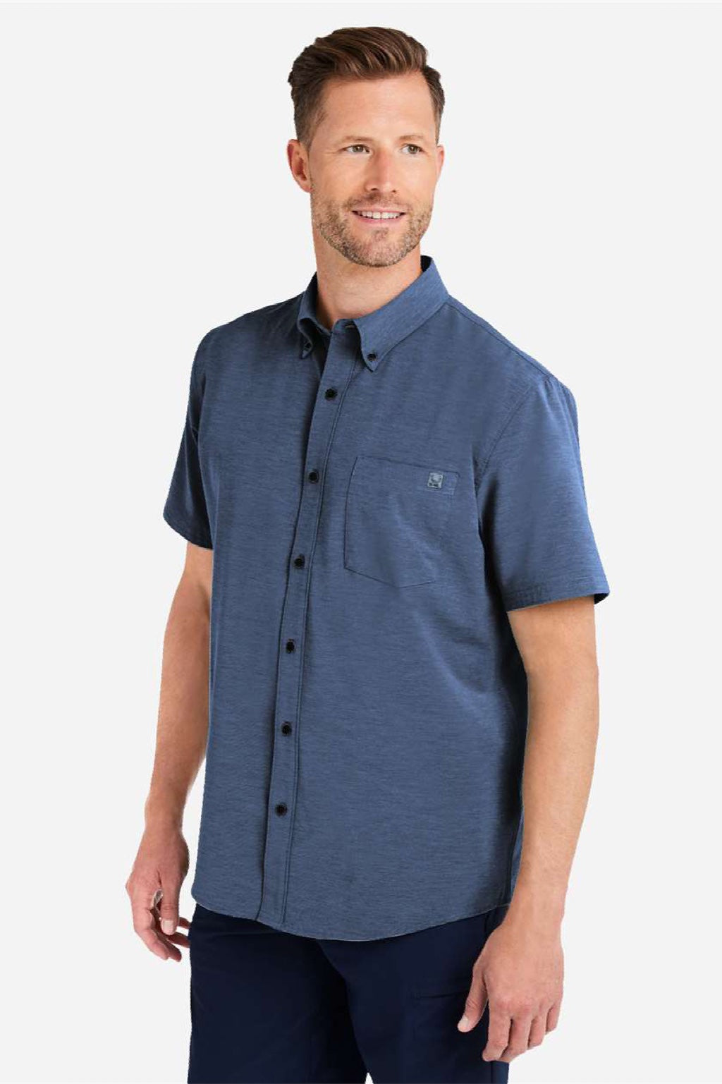 Huk H150154 Mens Kona Short Sleeve Button Down Shirt Naval Academy Blue Model Side