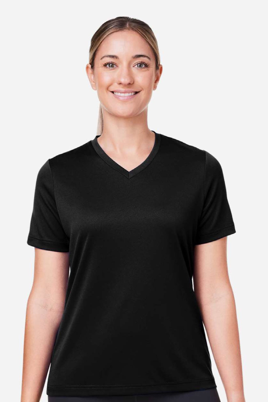 Team 365 TT15W Womens Zone Performance Mesh Short Sleeve V-Neck T-Shirt Black Model Front