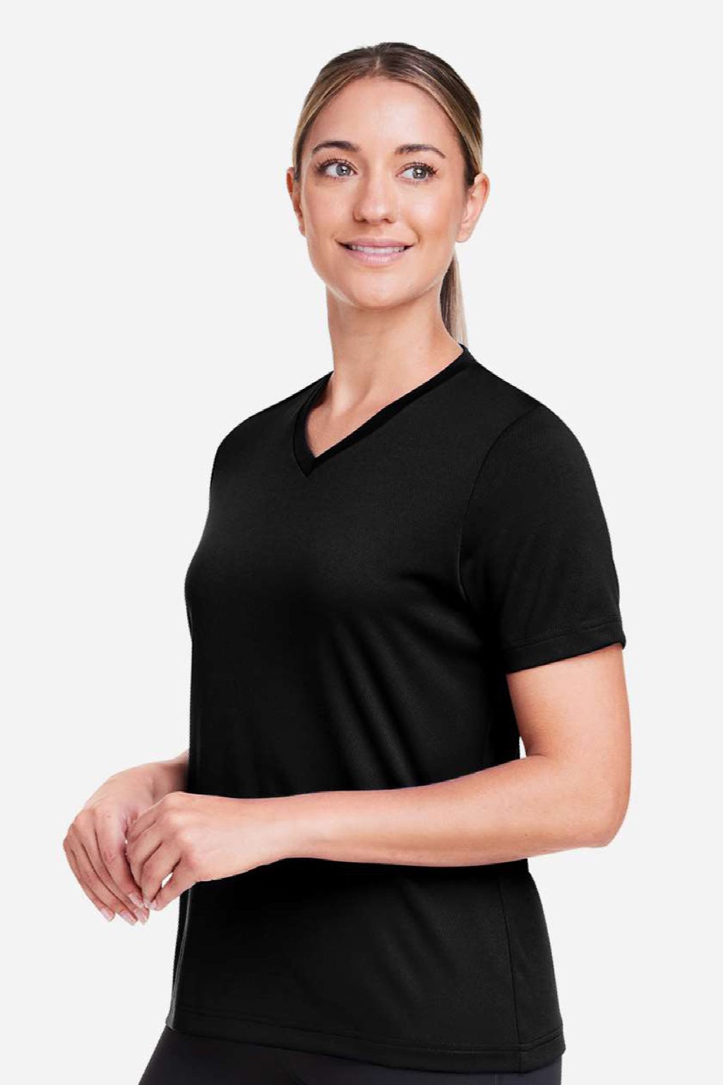 Team 365 TT15W Womens Zone Performance Mesh Short Sleeve V-Neck T-Shirt Black Model Side