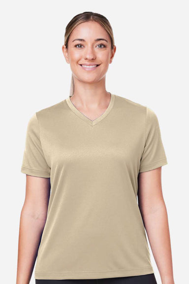 Team 365 TT15W Womens Zone Performance Mesh Short Sleeve V-Neck T-Shirt Desert Khaki Brown Model Front
