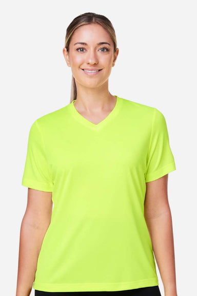 Team 365 TT15W Womens Zone Performance Mesh Short Sleeve V-Neck T-Shirt Safety Yellow Model Front
