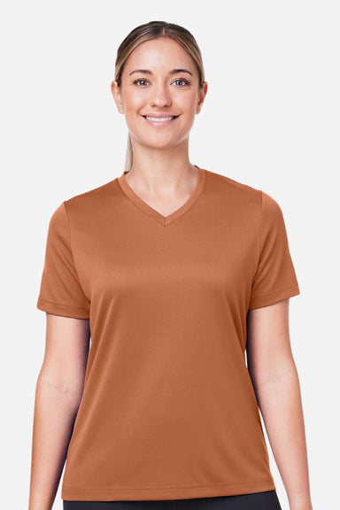 Team 365 TT15W Womens Zone Performance Mesh Short Sleeve V-Neck T-Shirt Burnt Orange Model Front