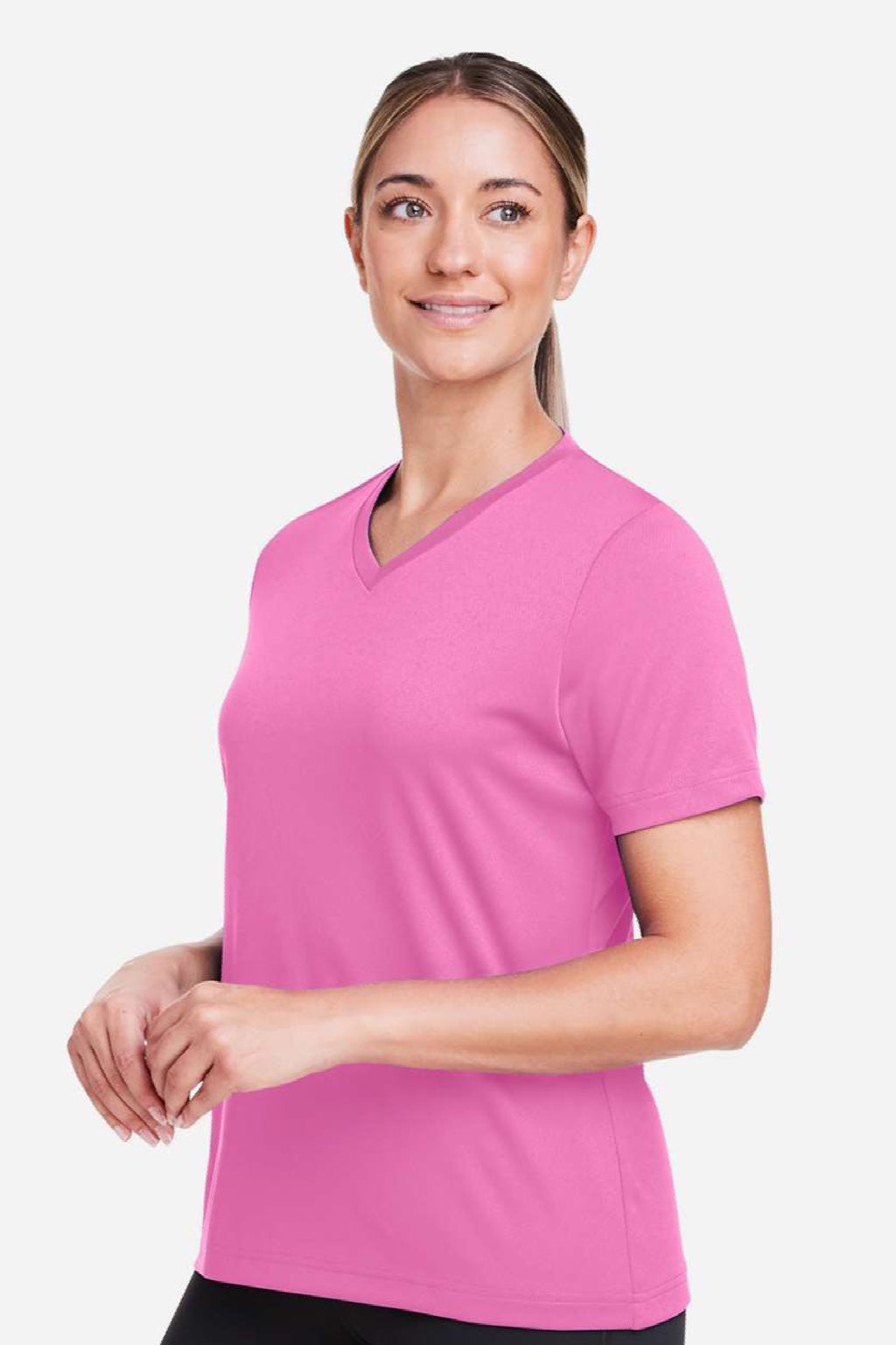 Team 365 TT15W Womens Zone Performance Mesh Short Sleeve V-Neck T-Shirt Charity Pink Model Side