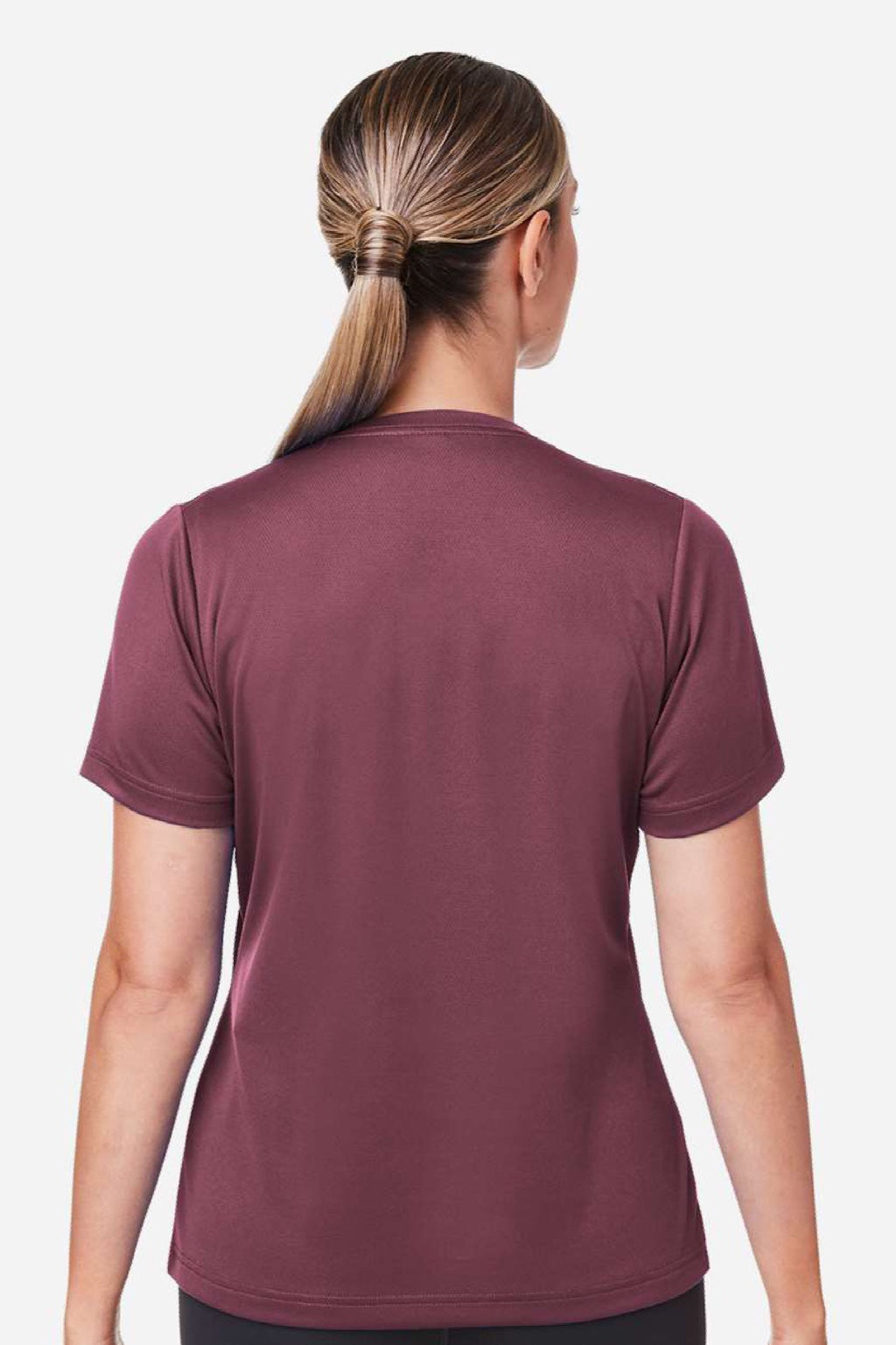 Team 365 TT15W Womens Zone Performance Mesh Short Sleeve V-Neck T-Shirt Dark Maroon Model Back
