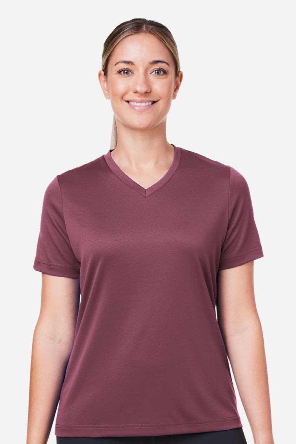Team 365 TT15W Womens Zone Performance Mesh Short Sleeve V-Neck T-Shirt Dark Maroon Model Front