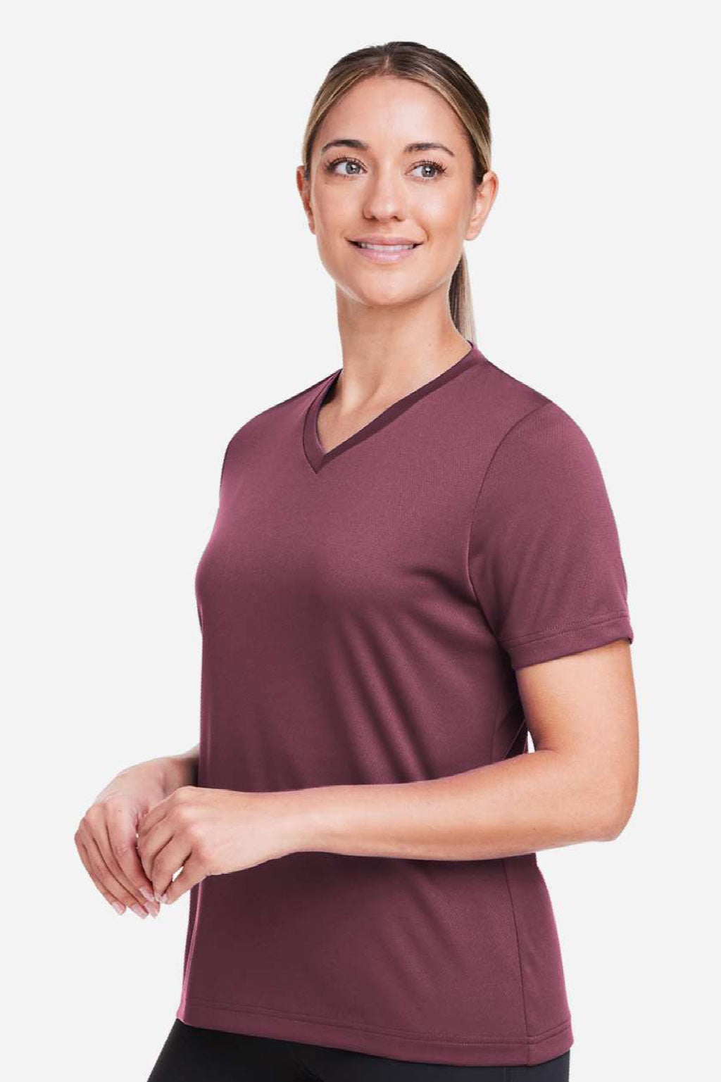Team 365 TT15W Womens Zone Performance Mesh Short Sleeve V-Neck T-Shirt Dark Maroon Model Side