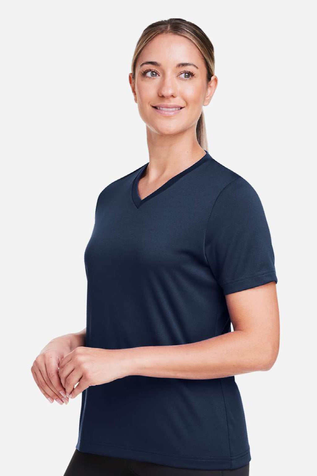 Team 365 TT15W Womens Zone Performance Mesh Short Sleeve V-Neck T-Shirt Dark Navy Blue Model Side