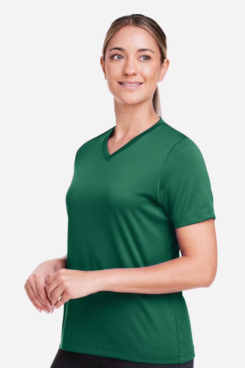 Team 365 TT15W Womens Zone Performance Mesh Short Sleeve V-Neck T-Shirt Forest Green Model Side