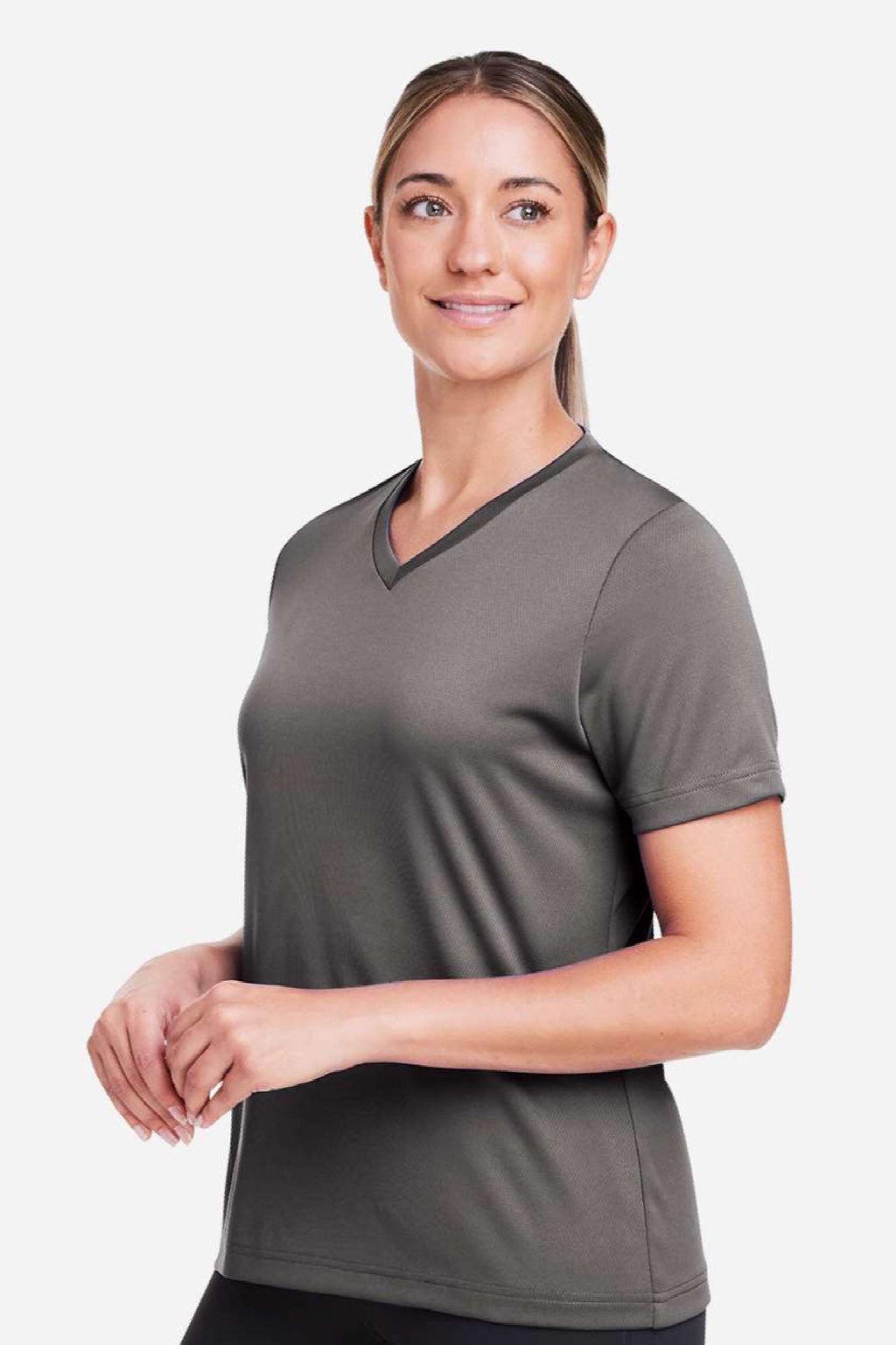 Team 365 TT15W Womens Zone Performance Mesh Short Sleeve V-Neck T-Shirt Graphite Grey Model Side