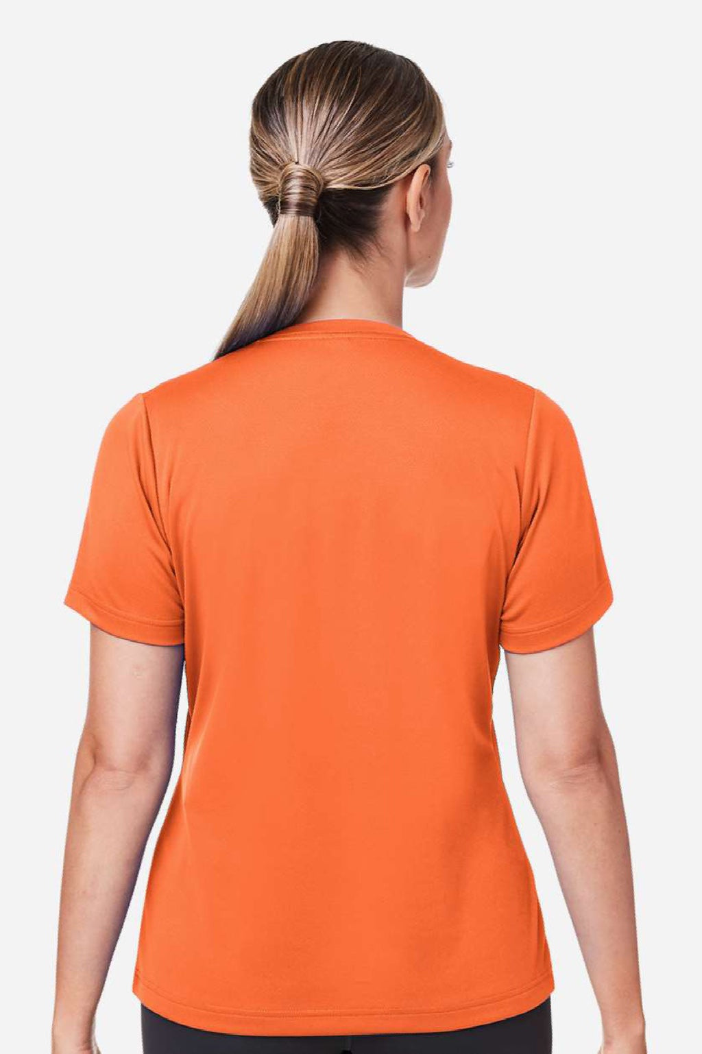 Team 365 TT15W Womens Zone Performance Mesh Moisture Wicking Short Sleeve V-Neck T-Shirt Orange Model Back