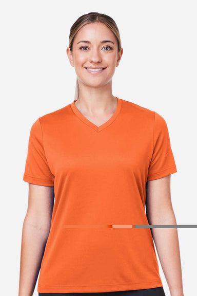 Team 365 TT15W Womens Zone Performance Mesh Short Sleeve V-Neck T-Shirt Orange Model Front