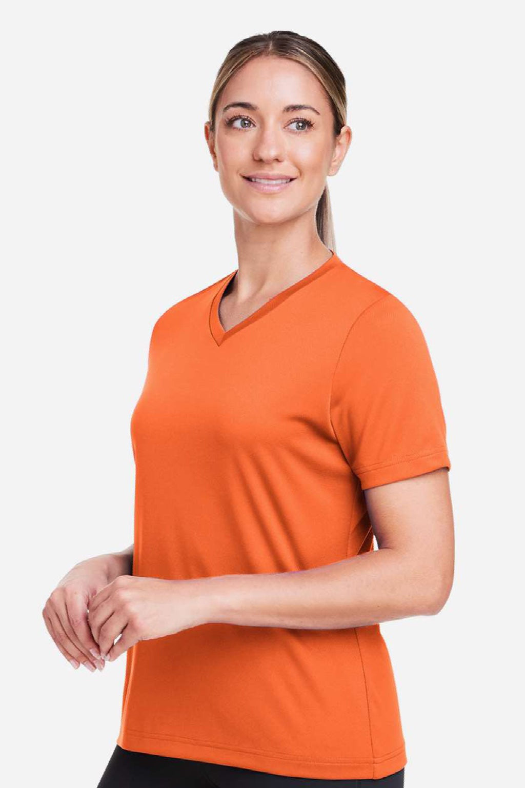 Team 365 TT15W Womens Zone Performance Mesh Moisture Wicking Short Sleeve V-Neck T-Shirt Orange Model Side