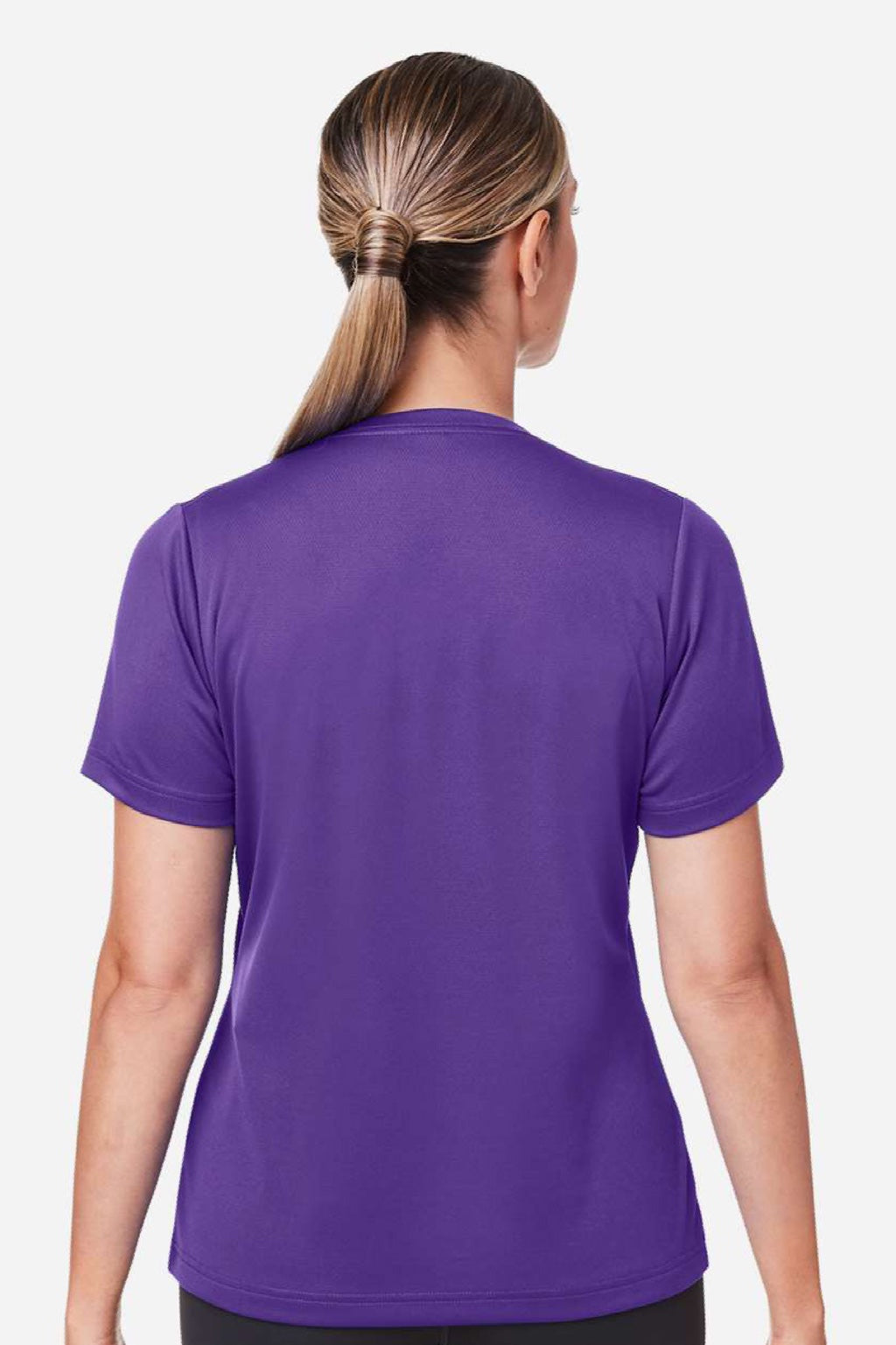 Team 365 TT15W Womens Zone Performance Mesh Moisture Wicking Short Sleeve V-Neck T-Shirt Purple Model Back