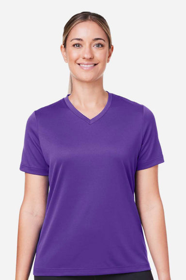 Team 365 TT15W Womens Zone Performance Mesh Moisture Wicking Short Sleeve V-Neck T-Shirt Purple Model Front