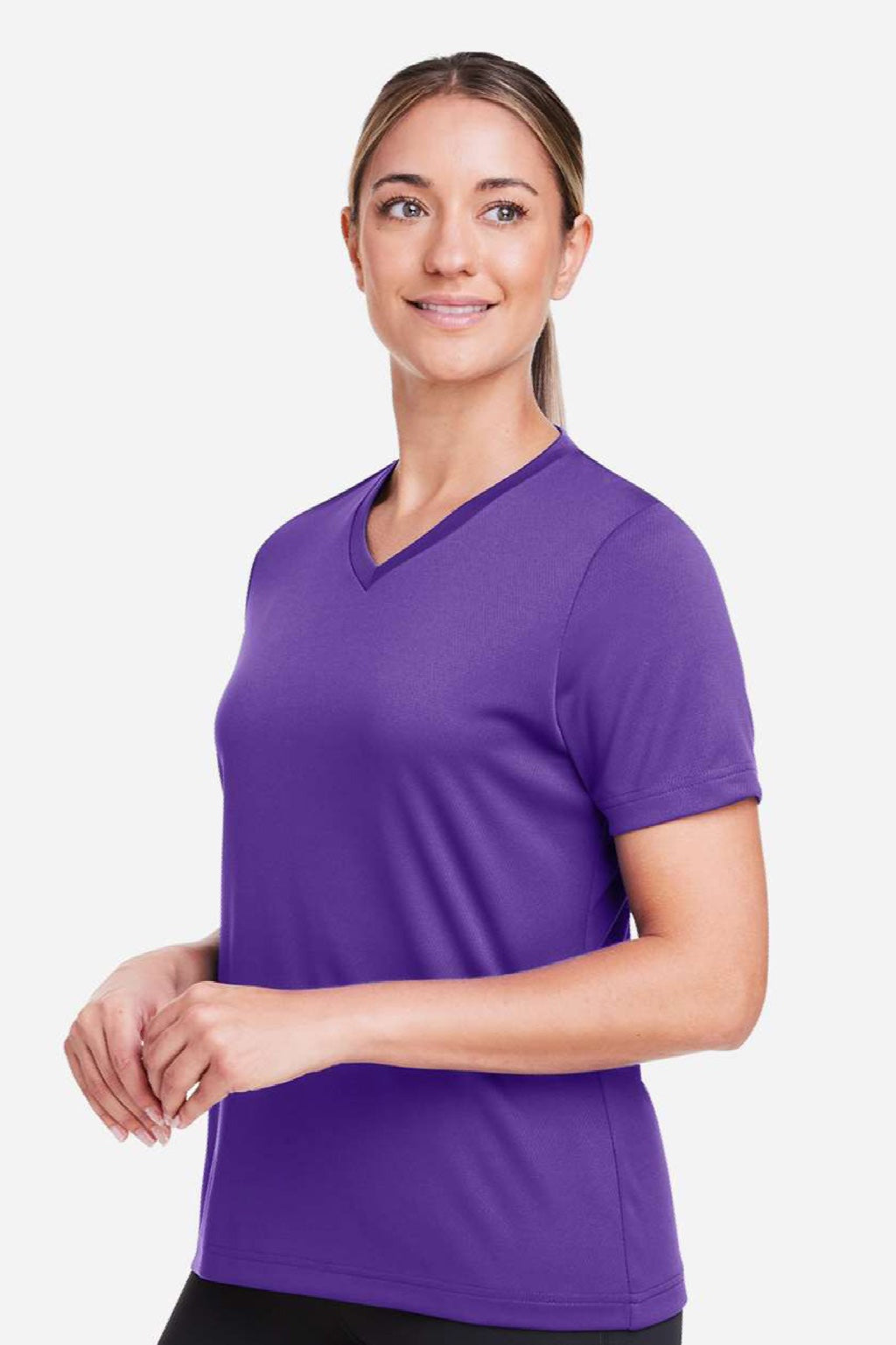 Team 365 TT15W Womens Zone Performance Mesh Moisture Wicking Short Sleeve V-Neck T-Shirt Purple Model Side