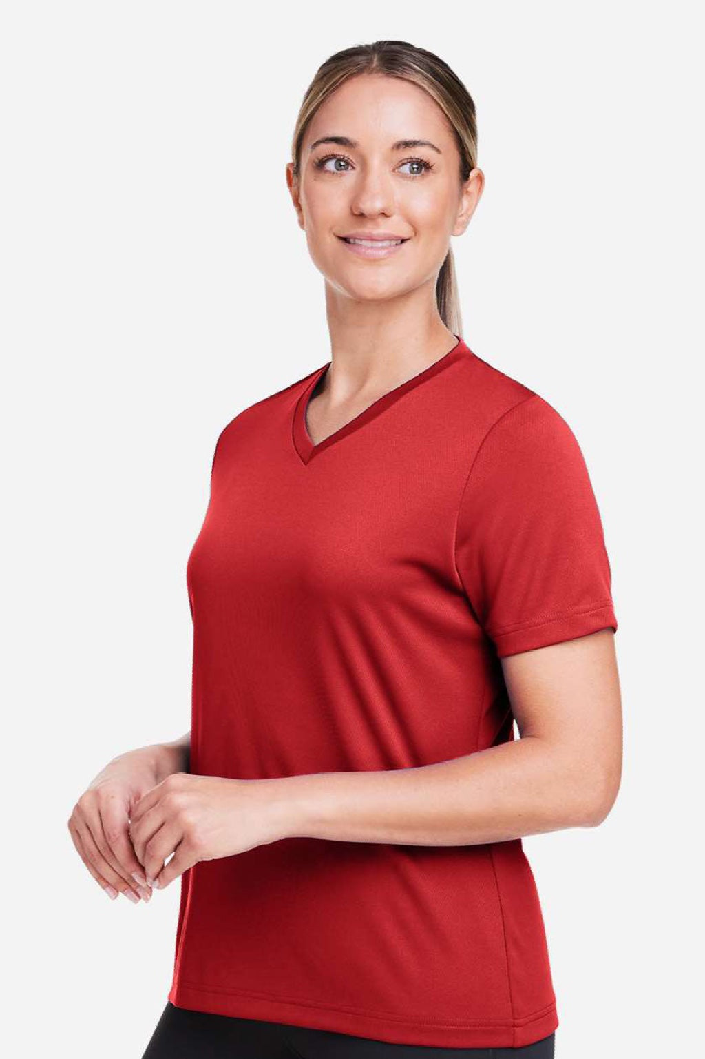 Team 365 TT15W Womens Zone Performance Mesh Short Sleeve V-Neck T-Shirt Scarlet Red Model Side