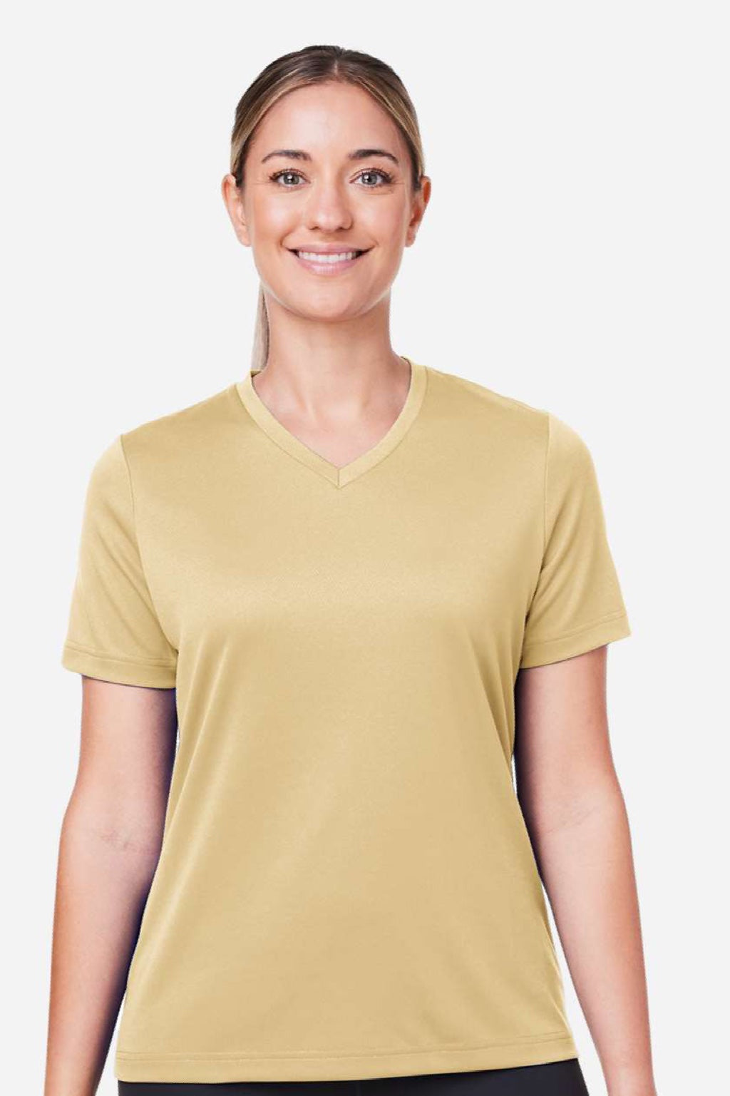 Team 365 TT15W Womens Zone Performance Mesh Short Sleeve V-Neck T-Shirt Vegas Gold Model Front