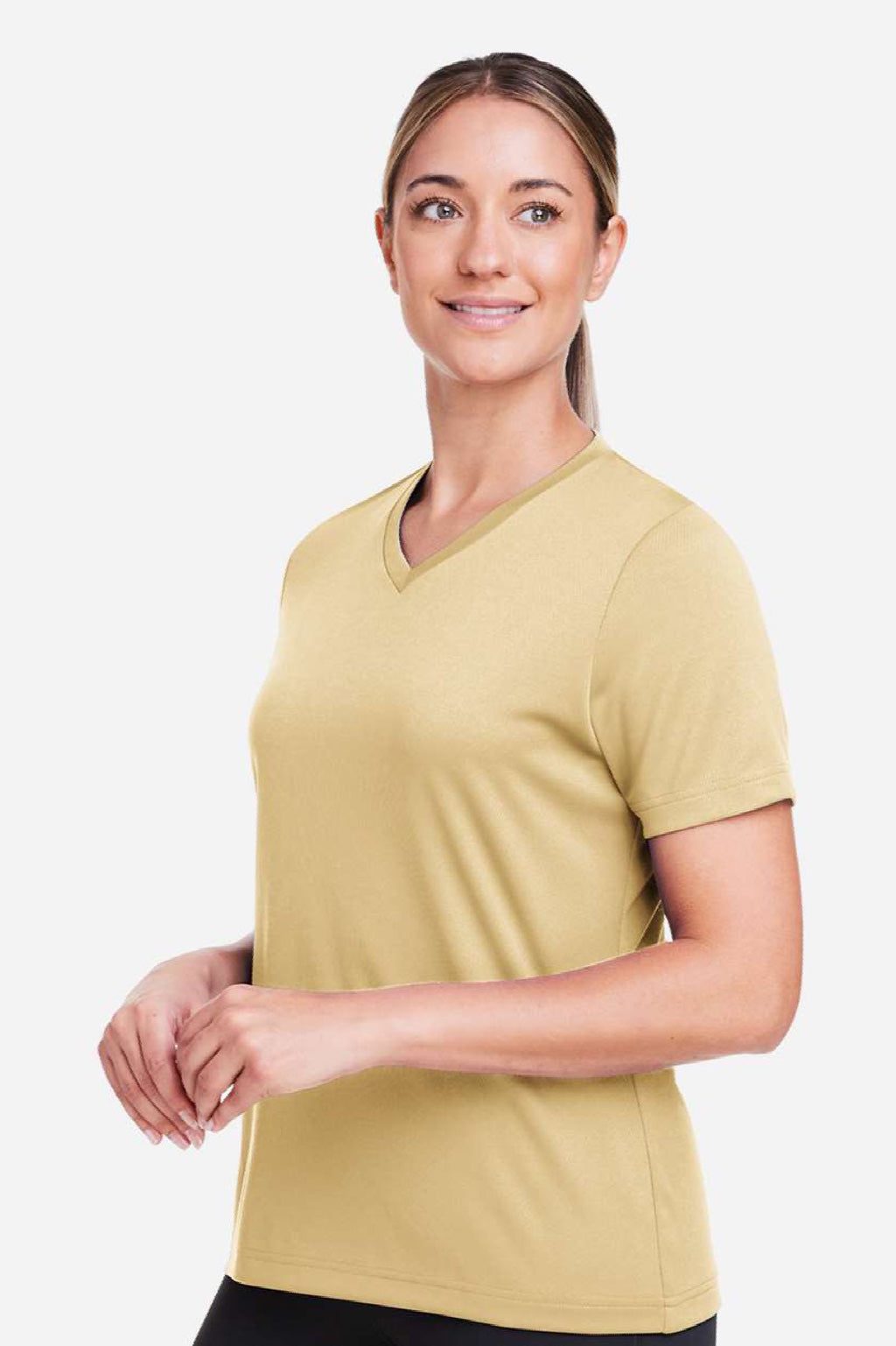 Team 365 TT15W Womens Zone Performance Mesh Short Sleeve V-Neck T-Shirt Vegas Gold Model Side