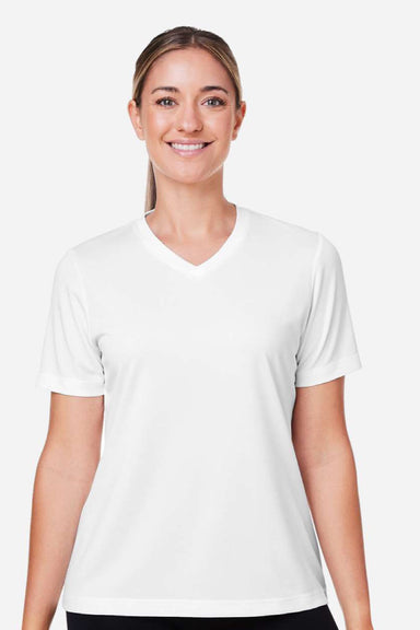 Team 365 TT15W Womens Zone Performance Mesh Moisture Wicking Short Sleeve V-Neck T-Shirt White Model Front