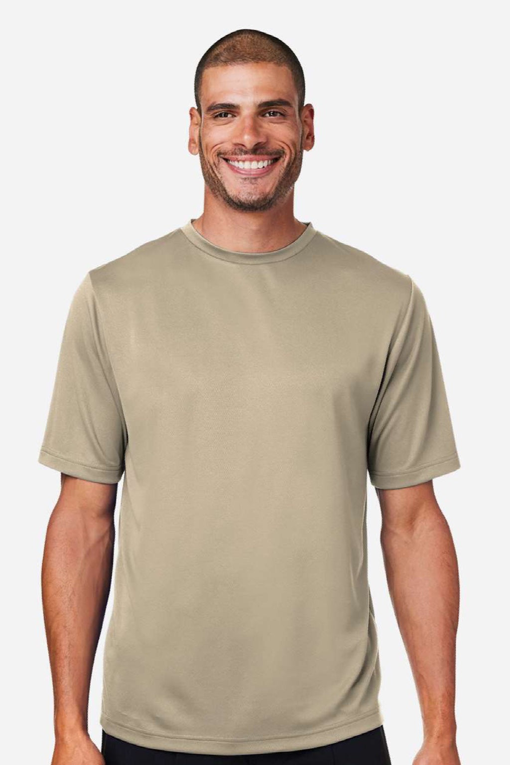 Team 365 TT15 Mens Zone Performance Mesh Short Sleeve Crewneck T-Shirt Desert Khaki Brown Model Front