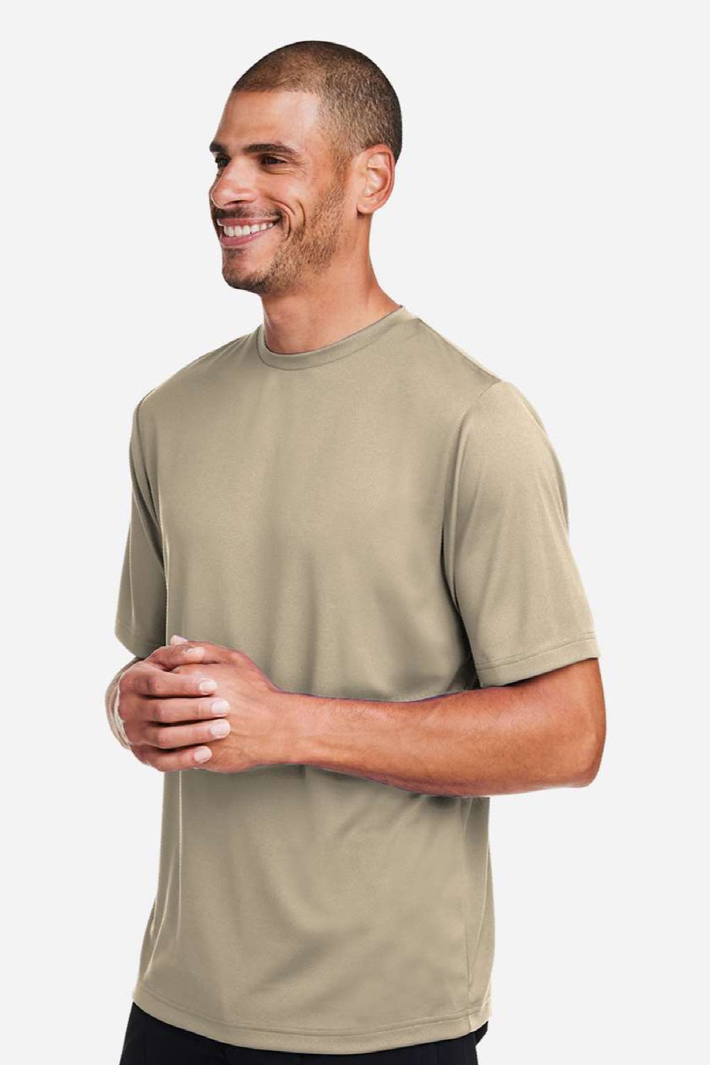 Team 365 TT15 Mens Zone Performance Mesh Short Sleeve Crewneck T-Shirt Desert Khaki Brown Model Side