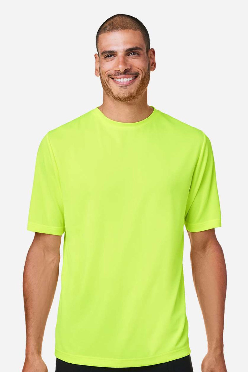Team 365 TT15 Mens Zone Performance Mesh Moisture Wicking Short Sleeve Crewneck T-Shirt Safety Yellow Model Front