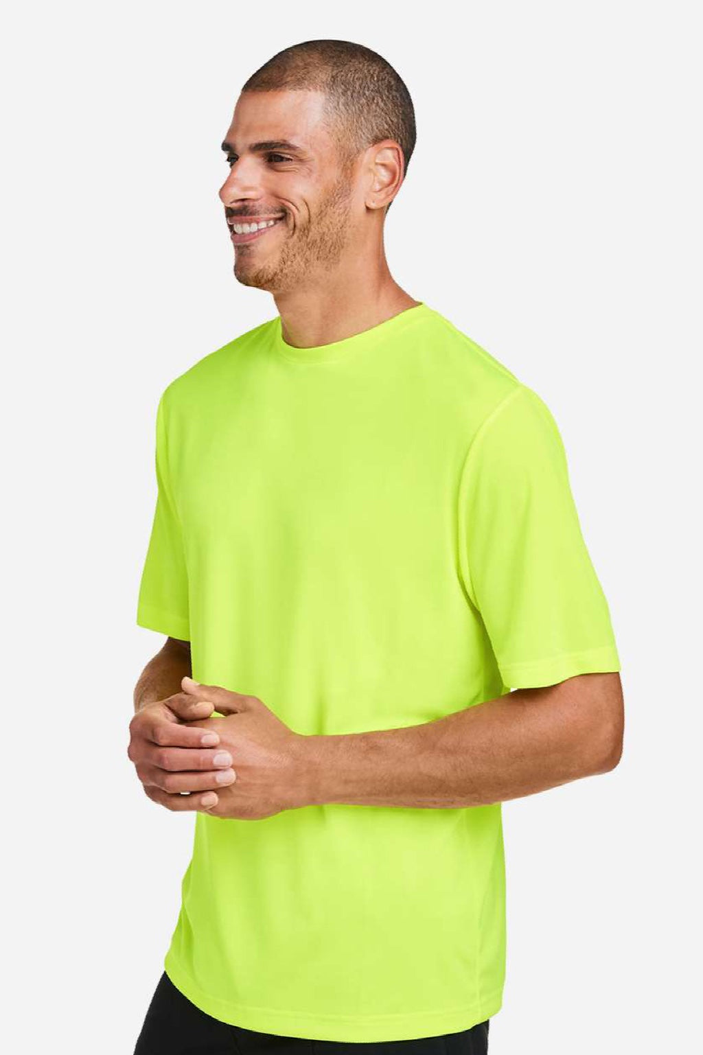 Team 365 TT15 Mens Zone Performance Mesh Moisture Wicking Short Sleeve Crewneck T-Shirt Safety Yellow Model Side