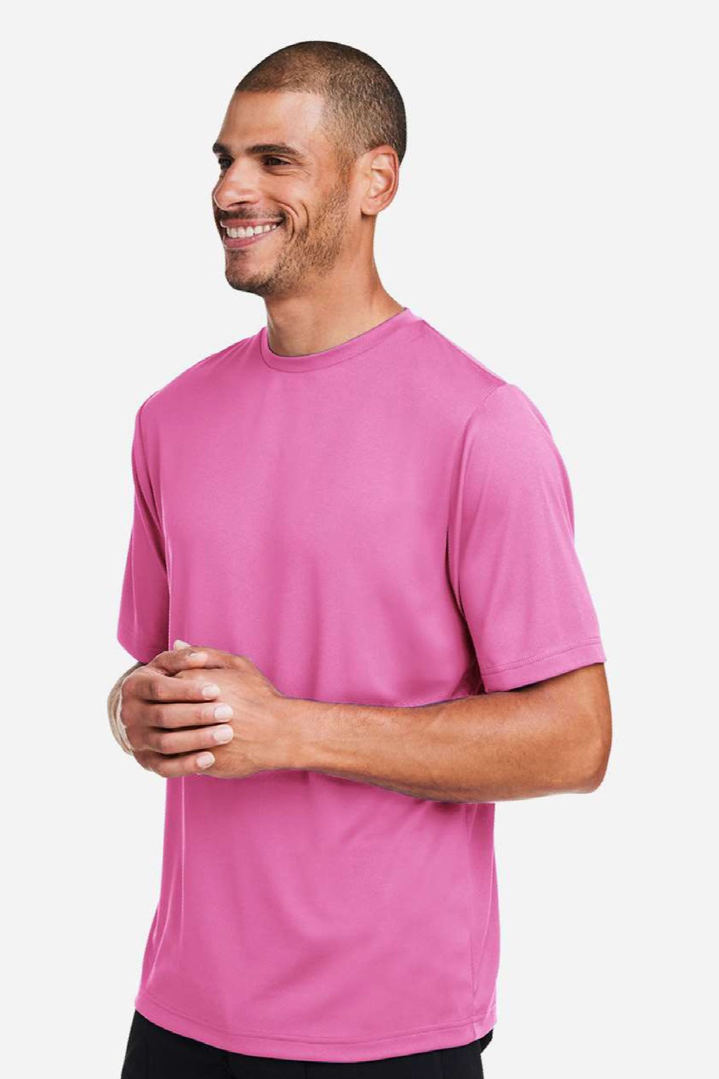 Team 365 TT15 Mens Zone Performance Mesh Short Sleeve Crewneck T-Shirt Charity Pink Model Side